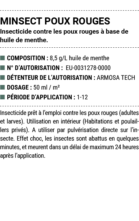MINSECT POUX ROUGES Insecticide contre les poux rouges  base de huile de menthe. ■ COMPOSITION : 8,5 g/L huile de me...