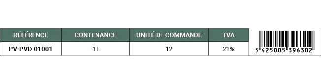 R F RENCE,CONTENANCE,UNIT DE COMMANDE,TVA,￼,PV PVD 01001, 1 L,12,21%