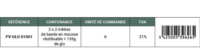 R F RENCE,CONTENANCE,UNIT DE COMMANDE,TVA,￼,PV GLU 01001,2 x 2 m tres de bande en mousse r utilisable + 135g de glu,...