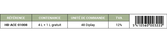 R F RENCE,CONTENANCE,UNIT DE COMMANDE,TVA,￼,HB ACE 01008,4 L + 1 L gratuit,48 Diplay,12%
