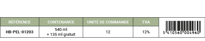 R F RENCE,CONTENANCE,UNIT DE COMMANDE,TVA,￼,HB PEL 01203,540 ml + 135 ml gratuit,12,12%