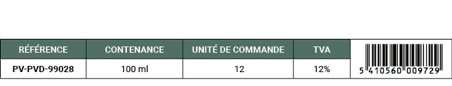 R F RENCE,CONTENANCE,UNIT DE COMMANDE,TVA,￼,PV PVD 99028,100 ml, 12,12%