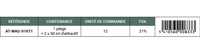 R F RENCE,CONTENANCE,UNIT DE COMMANDE,TVA,￼,AT WAS 01071,1 pi ge + 2 x 50 ml d'attractif,12, 21%