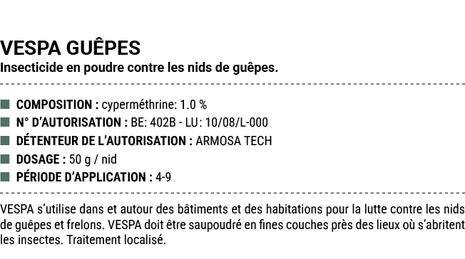 VESPA GU PES Insecticide en poudre contre les nids de gu pes. ■ COMPOSITION : cyperm thrine: 1.0 % ■ N° D’AUTORISATIO...
