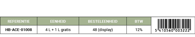 REFERENTIE,EENHEID,BESTELEENHEID,BTW,￼,HB ACE 01008,4 L + 1 L gratis,48 (display),12%
