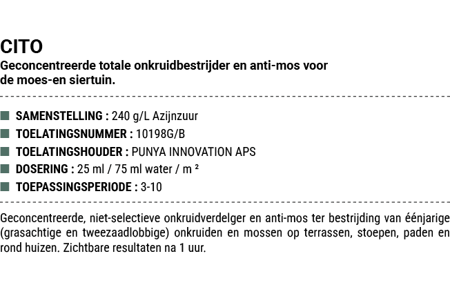 CITO Geconcentreerde totale onkruidbestrijder en anti mos voor de moes en siertuin. ■ SAMENSTELLING : 240 g/L Azijnzu...