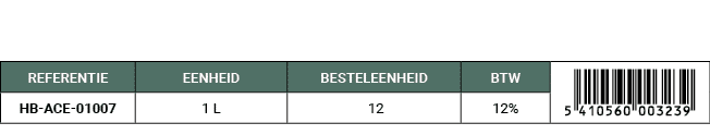 REFERENTIE,EENHEID,BESTELEENHEID,BTW,￼,HB ACE 01007,1 L, 12,12%