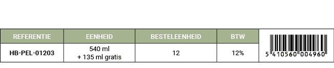 REFERENTIE,EENHEID,BESTELEENHEID,BTW,￼,HB PEL 01203,540 ml + 135 ml gratis,12,12%
