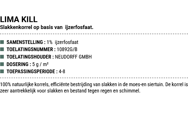 LIMA KILL Slakkenkorrel op basis van ijzerfosfaat. ■ SAMENSTELLING : 1% ijzerfosfaat ■ TOELATINGSNUMMER : 10892G/B ■ ...
