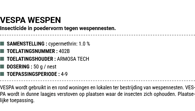 VESPA WESPEN Insecticide in poedervorm tegen wespennesten. ■ SAMENSTELLING : cypermethrin: 1.0 % ■ TOELATINGSNUMMER :...