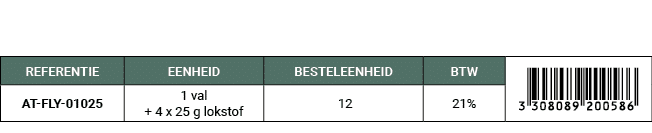 REFERENTIE,EENHEID,BESTELEENHEID,BTW,￼,AT FLY 01025,1 val + 4 x 25 g lokstof, 12,21%