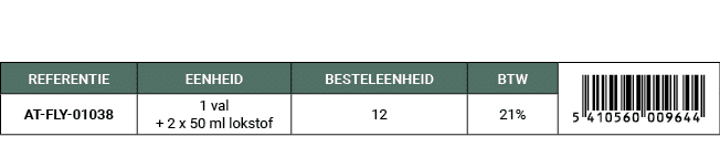 REFERENTIE,EENHEID,BESTELEENHEID,BTW,￼,AT FLY 01038,1 val + 2 x 50 ml lokstof,12,21%