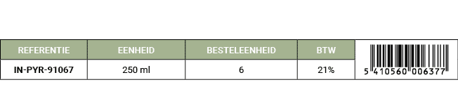 REFERENTIE,EENHEID,BESTELEENHEID,BTW,￼,IN PYR 91067,250 ml,6,21%