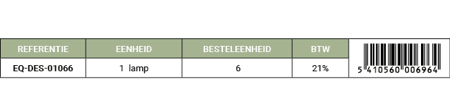 REFERENTIE,EENHEID,BESTELEENHEID,BTW,￼,EQ DES 01066,1 lamp, 6,21%