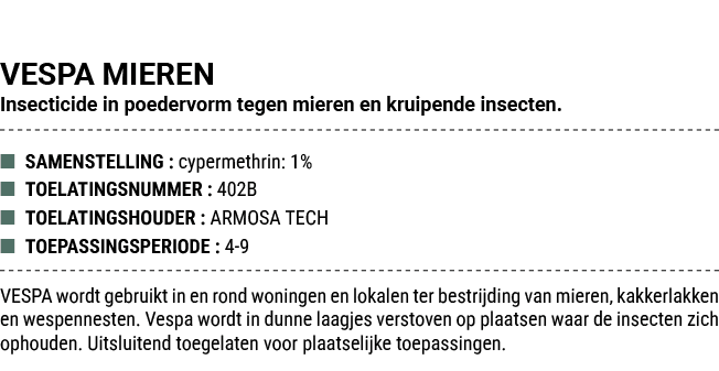 VESPA MIEREN Insecticide in poedervorm tegen mieren en kruipende insecten. ■ SAMENSTELLING : cypermethrin: 1% ■ TOELA...