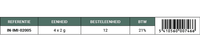 REFERENTIE,EENHEID,BESTELEENHEID,BTW,￼,IN IMI 02005,4 x 2 g,12,21%