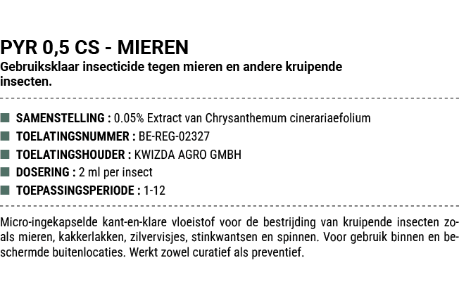 PYR 0,5 CS MIEREN Gebruiksklaar insecticide tegen mieren en andere kruipende insecten. ■ SAMENSTELLING : 0.05% Extrac...