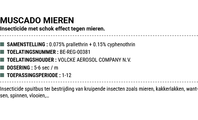 MUSCADO MIEREN Insecticide met schok effect tegen mieren. ■ SAMENSTELLING : 0.075% prallethrin + 0.15% cyphenothrin ■...
