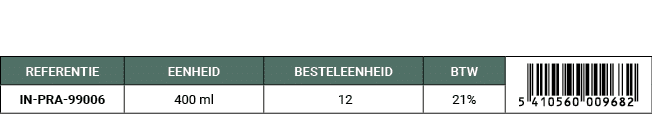 REFERENTIE,EENHEID,BESTELEENHEID,BTW,￼,IN PRA 99006,400 ml, 12,21%