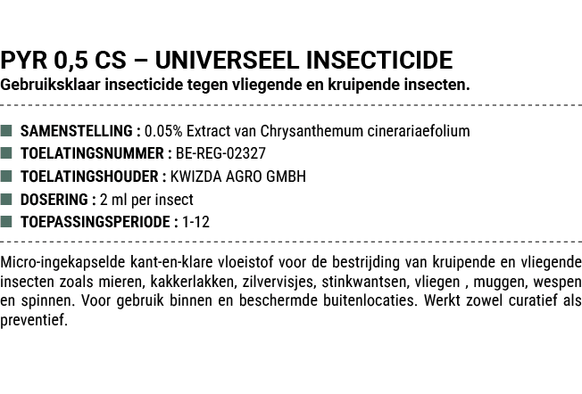 PYR 0,5 CS – UNIVERSEEL INSECTICIDE Gebruiksklaar insecticide tegen vliegende en kruipende insecten. ■ SAMENSTELLING ...