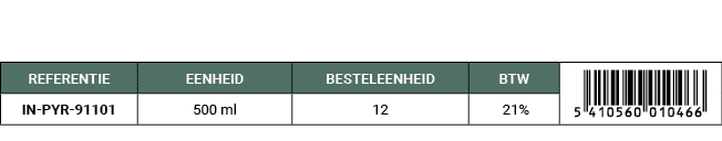 REFERENTIE,EENHEID,BESTELEENHEID,BTW,￼,IN PYR 91101,500 ml,12, 21%