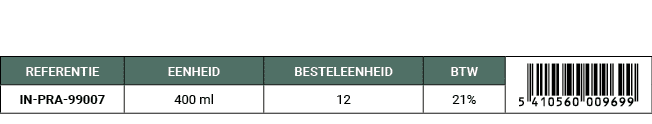 REFERENTIE,EENHEID,BESTELEENHEID,BTW,￼,IN PRA 99007,400 ml,12,21%