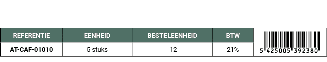REFERENTIE,EENHEID,BESTELEENHEID,BTW,￼,AT CAF 01010,5 stuks, 12,21%