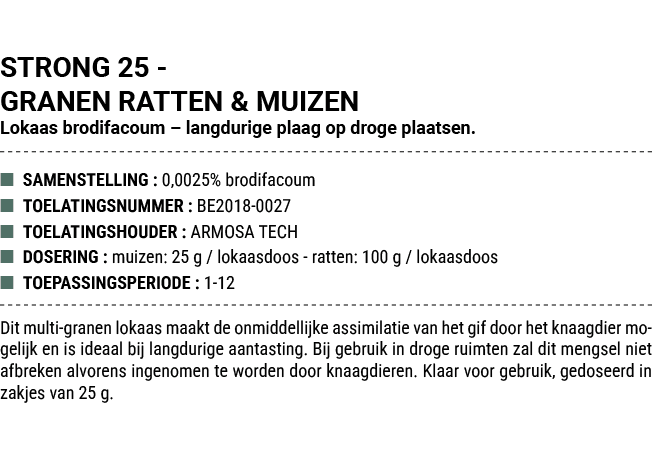 STRONG 25 GRANEN RATTEN & MUIZEN Lokaas brodifacoum – langdurige plaag op droge plaatsen. ■ SAMENSTELLING : 0,0025% b...