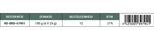 REFERENTIE,EENHEID,BESTELEENHEID,BTW,￼,RD BRD 67001,150 g (6 X 25 g),12, 21%