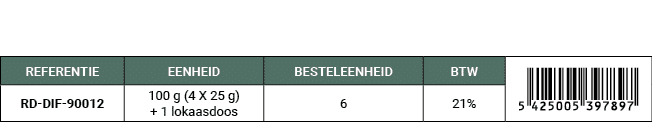 REFERENTIE,EENHEID,BESTELEENHEID,BTW,￼,RD DIF 90012,100 g (4 X 25 g) + 1 lokaasdoos,6,21%