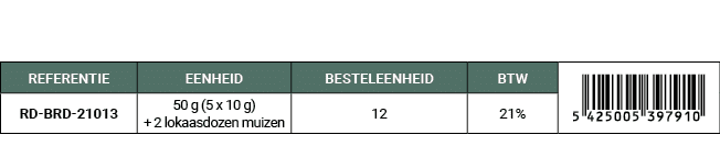 REFERENTIE,EENHEID,BESTELEENHEID,BTW,￼,RD BRD 21013,50 g (5 x 10 g) + 2 lokaasdozen muizen,12,21%