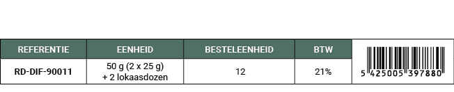 REFERENTIE,EENHEID,BESTELEENHEID,BTW,￼,RD DIF 90011,50 g (2 x 25 g) + 2 lokaasdozen, 12,21%