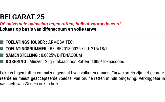 BELGARAT 25 D universele oplossing tegen ratten, bulk of voorgedoseerd Lokaas op basis van difenacoum en volle tarwe...