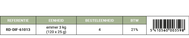 REFERENTIE,EENHEID,BESTELEENHEID,BTW,￼,RD DIF 61013,emmer 3 kg (120 x 25 g),4,21%