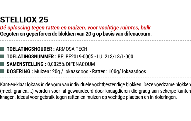 STELLIOX 25 D oplossing tegen ratten en muizen, voor vochtige ruimtes, bulk Gegoten en geperforeerde blokken van 20 ...