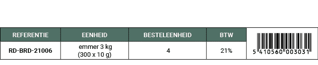 REFERENTIE,EENHEID,BESTELEENHEID,BTW,￼,RD BRD 21006, emmer 3 kg (300 x 10 g), 4,21%