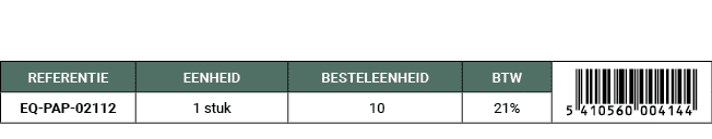 REFERENTIE,EENHEID,BESTELEENHEID,BTW,￼,EQ PAP 02112,1 stuk, 10,21%
