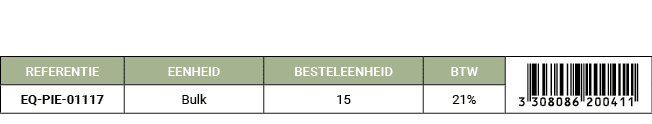 REFERENTIE,EENHEID,BESTELEENHEID,BTW,￼,EQ PIE 01117,Bulk,15,21%