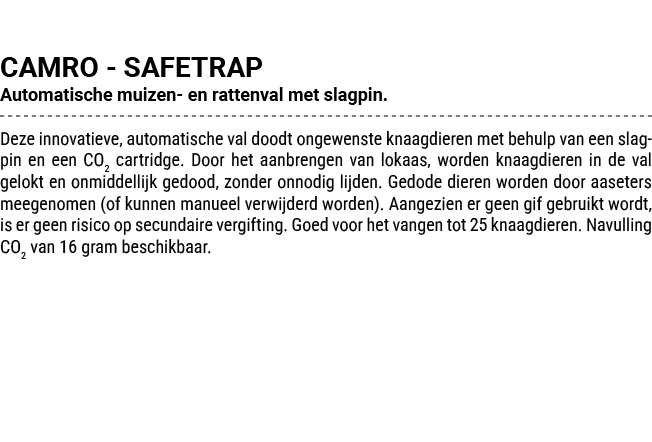 CAMRO SAFETRAP Automatische muizen en rattenval met slagpin. Deze innovatieve, automatische val doodt ongewenste knaa...