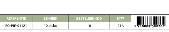REFERENTIE,EENHEID,BESTELEENHEID,BTW,￼,EQ PIE 01121,10 stuks,10, 21%