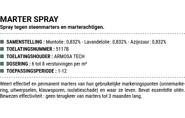 MARTER SPRAY Spray tegen steenmarters en marterachtigen. ■ SAMENSTELLING : Muntolie: 0,832% Lavandelolie: 0,832% Azij...