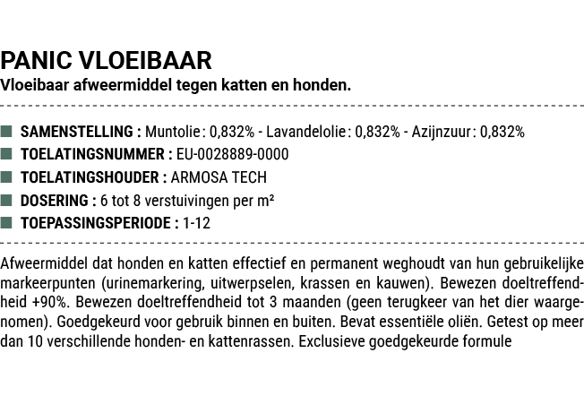 PANIC VLOEIBAAR Vloeibaar afweermiddel tegen katten en honden. ■ SAMENSTELLING : Muntolie: 0,832% Lavandelolie: 0,832...