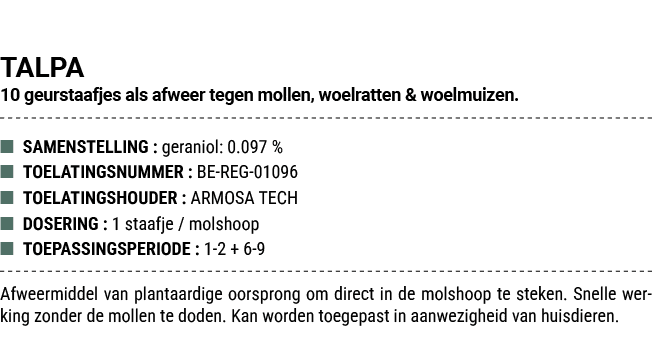 TALPA 10 geurstaafjes als afweer tegen mollen, woelratten & woelmuizen. ■ SAMENSTELLING : geraniol: 0.097 % ■ TOELATI...