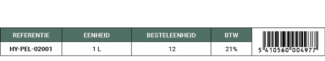 REFERENTIE,EENHEID,BESTELEENHEID,BTW,￼,HY PEL 02001,1 L, 12,21%