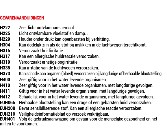 GEVARENAANDUIDINGEN H222 Zeer licht ontvlambare aerosol. H225 Licht ontvlambare vloeistof en damp. . H229 Houder onde...