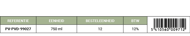 REFERENTIE,EENHEID,BESTELEENHEID,BTW,￼,PV PVD 99027,750 ml,12,12%