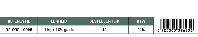 REFERENTIE,EENHEID,BESTELEENHEID,BTW,￼,RE ORE 10005,1 kg + 10% gratis,12,21%