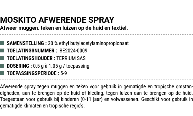 MOSKITO AFWERENDE SPRAY Afweer muggen, teken en luizen op de huid en textiel. ■ SAMENSTELLING : 20 % ethyl butylacety...