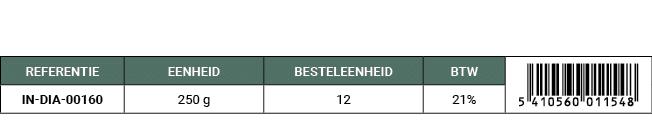 REFERENTIE,EENHEID,BESTELEENHEID,BTW,￼,IN DIA 00160,250 g,12,21%