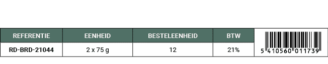 REFERENTIE,EENHEID,BESTELEENHEID,BTW,￼,RD BRD 21044,2 x 75 g,12,21%